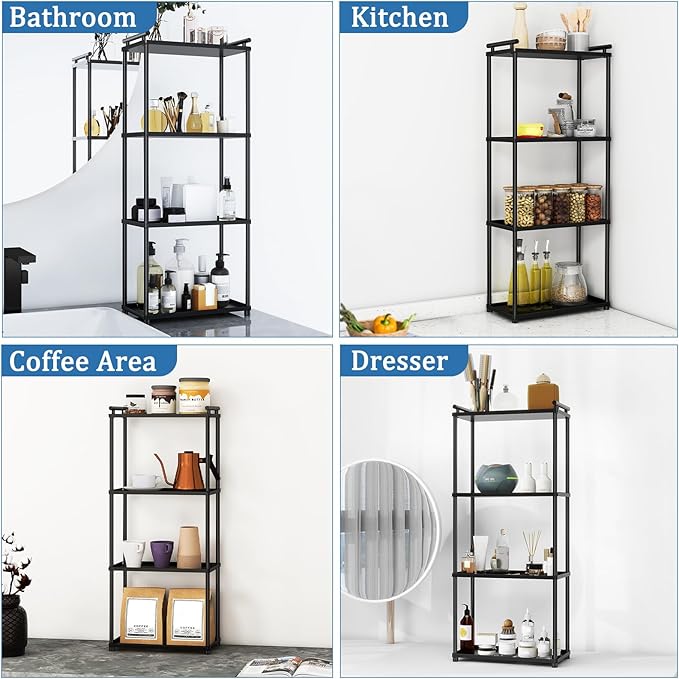 Matte Black 4 Tier Bathroom Organizer Countertop, Stainless Steel Perfume Tray and Vanity Countertop Shelf, Makeup Skin Care Bathroom Organizers and Storage for Dresser, Kitchen