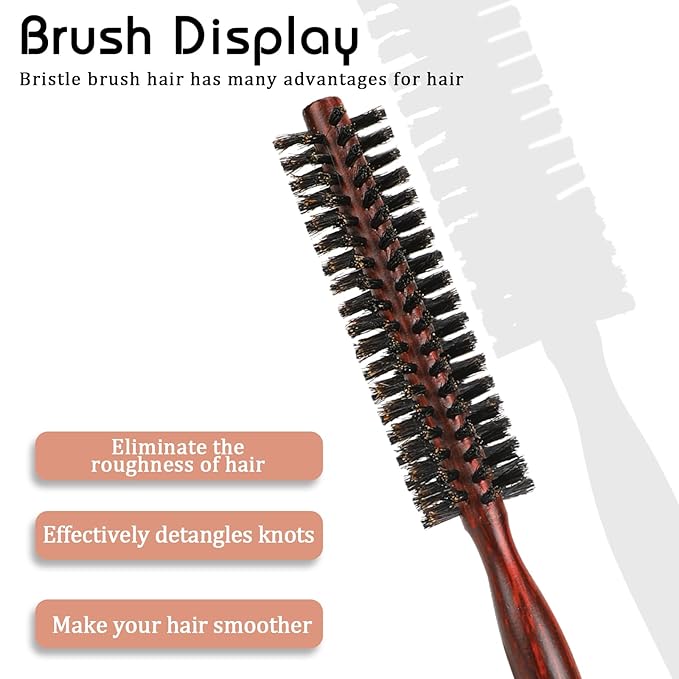 Small Boar Bristle Round Brush for Blow Drying, Styling - Wooden Handle, Soft Natural Bristles for Short/Thin Hair, Women and Men's Beard