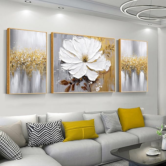 Hand-Painted Floral Canvas Oil Painting for Living Room,Framed 3D Gold and White Abstract Wall Art for Bedroom, Large 3 Pieces Flowerl Wall Painting for Office Kitchen Bathroom Home Decor 24x64 inches