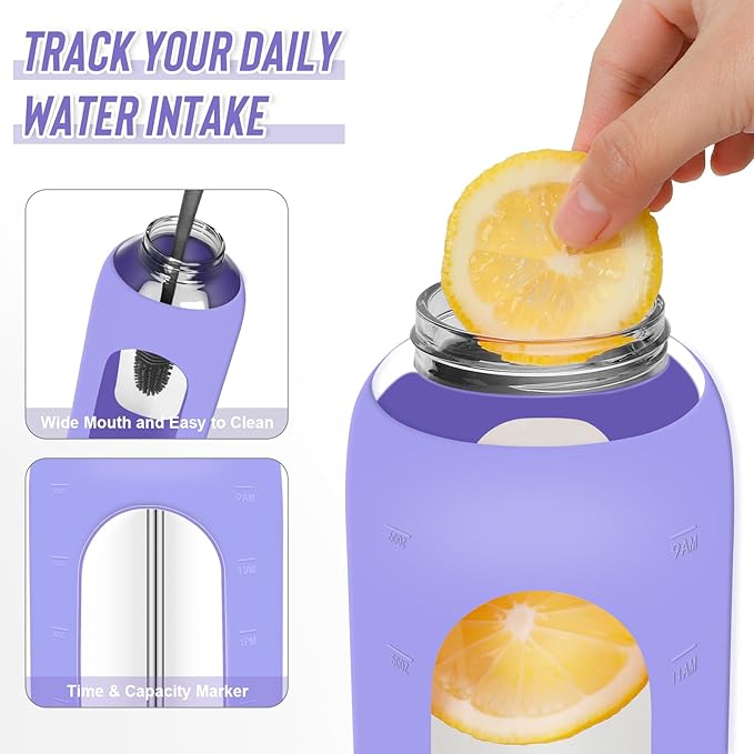 Glass Water Bottles 64 oz - Half Gallon Large Motivational Daily Water Intake Bottle Time Marker - Glass Water Bottle With Straw, Silicone Sleeve 2 Lids, Handle Spout & Bamboo Lid(Purple)