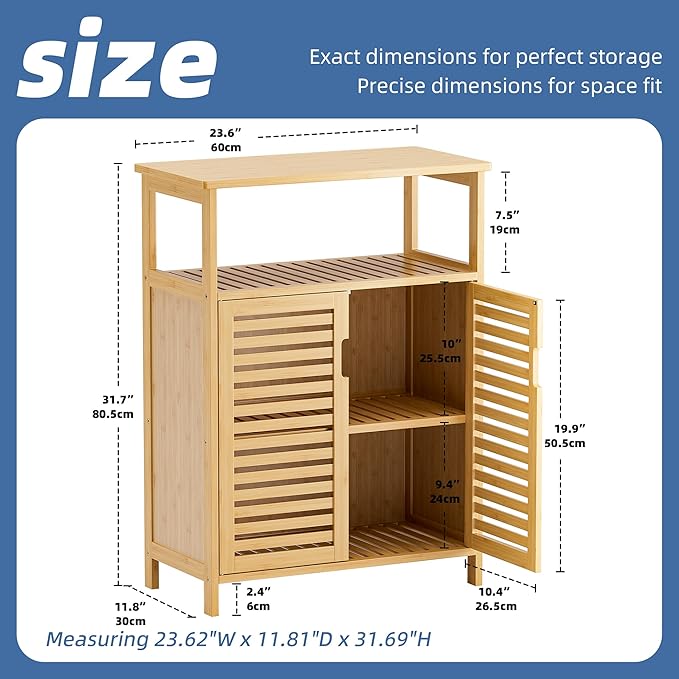 HITNET Bathroom Cabinet Freestanding, Bamboo Storage Cabinet 4-Tier Floor Cupboard with Door and Shelf for Bathroom, Kitchen, Hallway, Natural