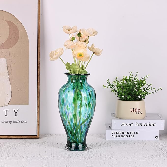Blown Glass vase, Unique Glass vase, Glass Green Decorative vase for Home Living Room Dining Table re Office Wedding Entrance Desktop Decorative vase.