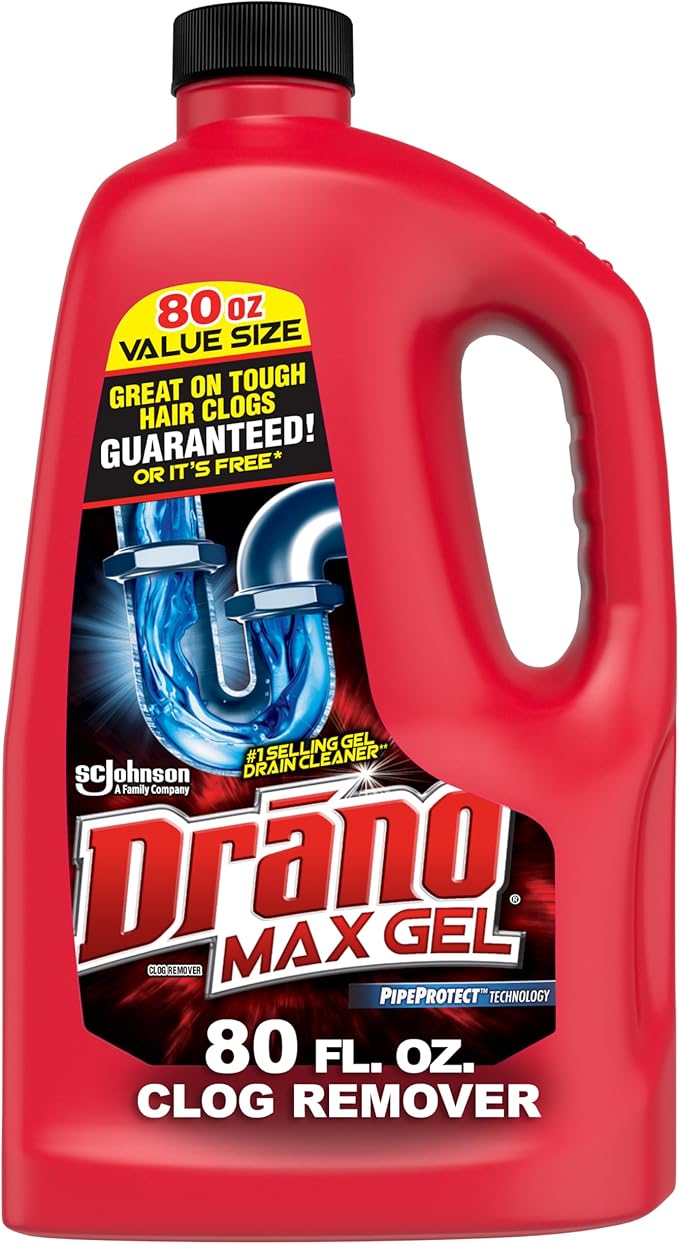 Drano Max Gel Drain Clog Remover and Cleaner for Shower or Sink Drains, Unclogs and Removes Hair, Soap Scum and Blockages, 80 Oz