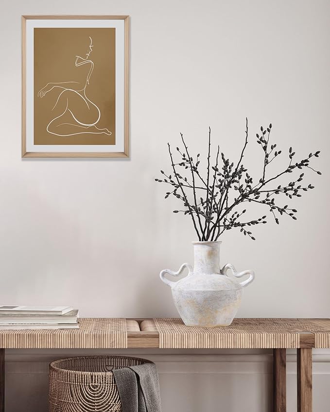 UPWOIGH Ceramic Flower Vase, 9.3 inch Tall Off-White Farmhouse Rustic Vase, Handcrafted Weathered Handles Pottery Vases, Large Flower Terracotta Vases for Home Decor, Living Room, Table, Shelf