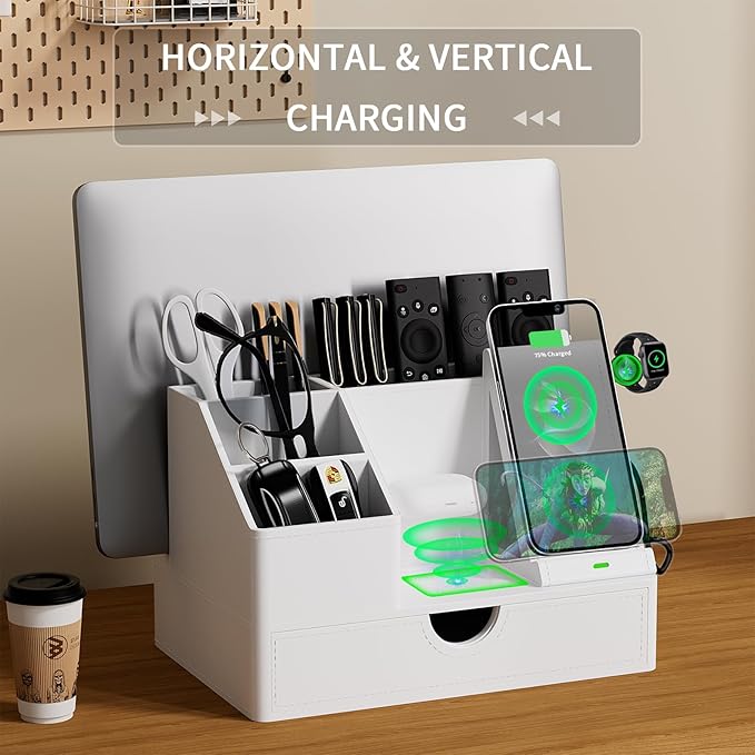 Sleek White PU Leather Charging Station with Drawer - 6-in-1 Multi-Device Desktop Organizer Docking Hub for iPad, Tablet, Laptop, Phone, Watch, Office Home Gift Idea