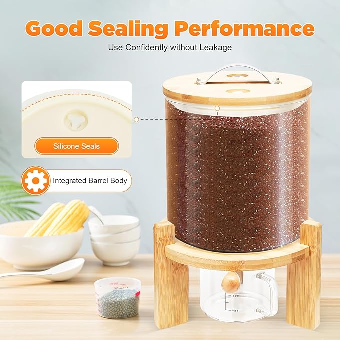 1.32gal Glass Rice Dispenser with Wooden Stand Flour and Cereal Container with Glass Measuring Cup Pantry Food Organization Storage Bin with Airtight Bamboo Lid for Coffee Beans Dry Food