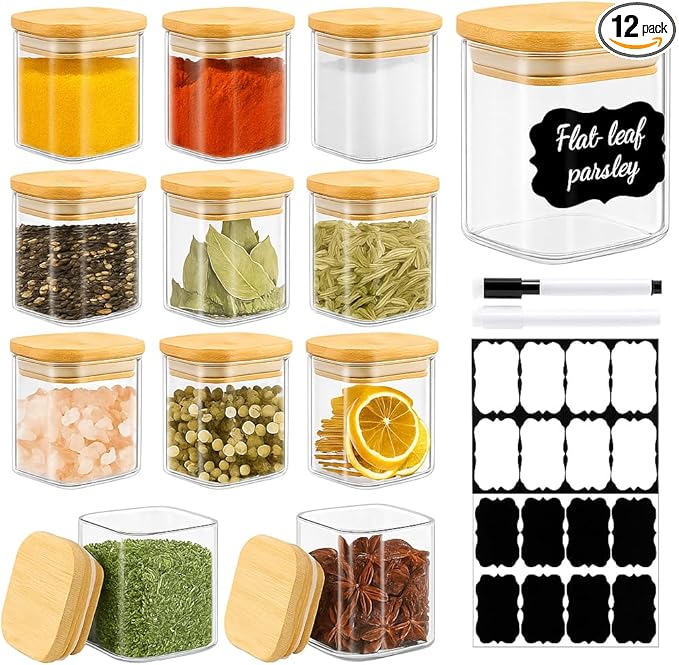 12 Pack 4 oz Square Glass Spice Jars with Lids and Labels – Airtight Small Seasoning Containers Set, Clear Glass Storage Jars for Seasoning, Spices, Kitchen Pantry Organization