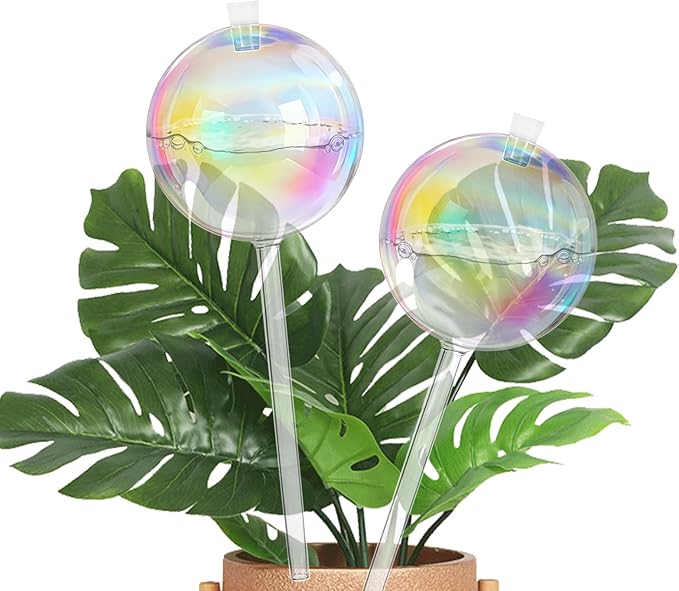 Plant Watering Globes Self Watering Planter - Indoor Outdoor Automatic Slow Release Watering Bulbs Iridescent Rainbow Glass Water Bulb for Houseplants 2 Pack