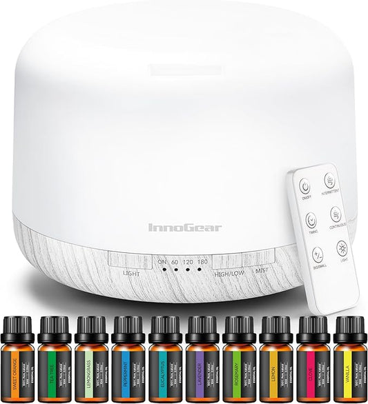 InnoGear Aromatherapy Diffuser & 10 Essential Oils Set, 500ml Essential Oil Diffuser with Remote Control Ultrasonic Cool Mist Scent Humidifier Vaporizer Auto-Off Timer for Room Office Home, White