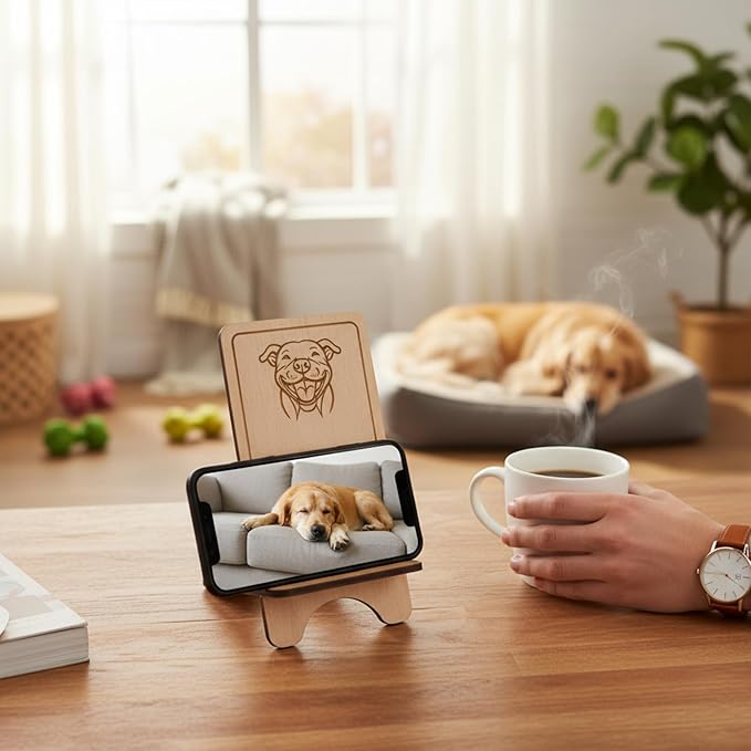Design Your Own Phone Stand Personalized Wooden Holder Custom Pet Name Engraved Handmade Desk and Home Accessory Gift (Fetching Full Battery)