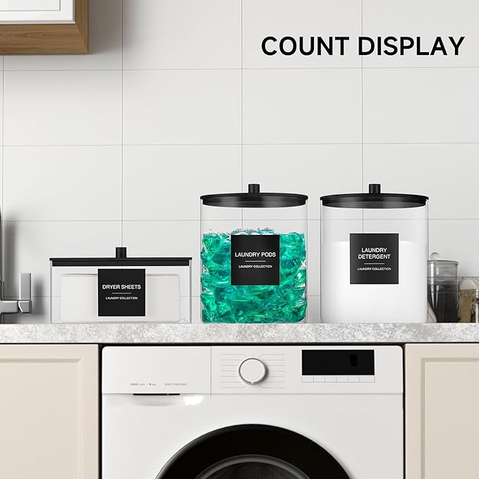 3 Pack Glass Jars and Acrylic Dryer Sheet Holder, Laundry Pods Container with Bamboo Lid and Measuring Cups for Laundry Room Organization, Powder Detergent Containers (Black)