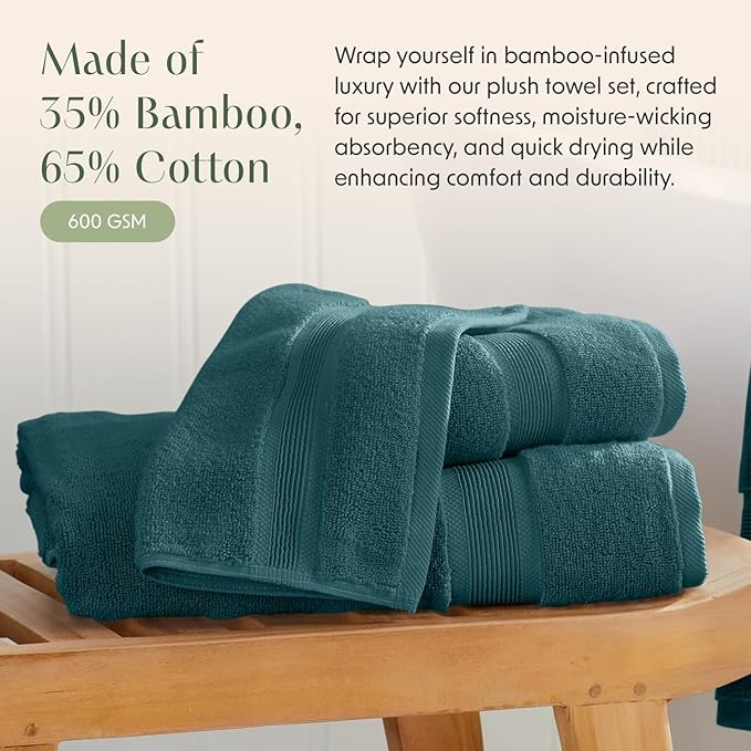 Springtree Home Luxury Viscose from Bamboo Bath Towel Set of 4 | 35% Viscose from Bamboo - 65% Cotton | Absorbent Quick-Dry Towels for Bathroom | Oeko-TEX Standard 100 Cotton | Deep Teal