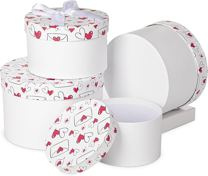 Luxury Round Nested Gift Boxes with Lids (Set of 4) – Reusable Sturdy Cardboard Gift Box Set for Birthdays, Weddings, Anniversaries, Christmas, and Valentine’s Day – White & Red