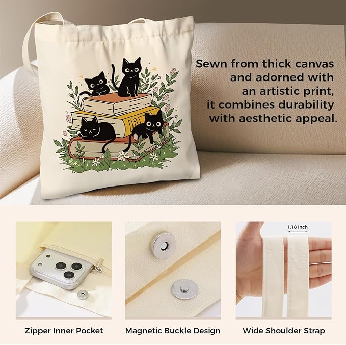 Cute Aesthetic Canvas Tote Bag for Women, Reusable Foldable Shopping Cotton Shoulder Totebag with Zipper Pocket