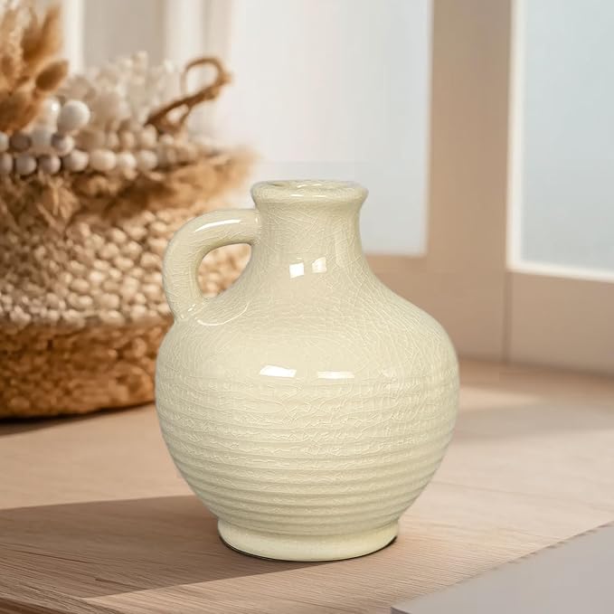 Sunddo White Ceramic Vase 6 Inch - Small Modern Flower Vase for Home Decor, Decorative Vases with Handle, Boho & Minimalist, Living Room Cabinet Table Centerpieces Wedding Beige