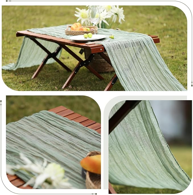 Le courant 3 Pieces 10Ft Cheesecloth Table Runner, Rustic Boho Gauze Cheese Cloth Runner Table Runner for Weddings Bridal Baby Shower Birthday Holiday Parties Home Decor, Sage Green