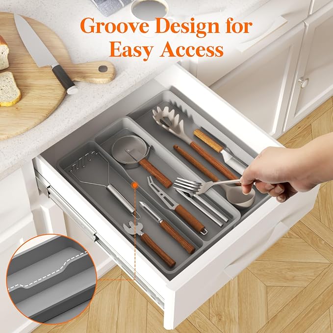 Lifewit Utensil Drawer Organizer, Expandable Cooking Silverware Tray for Kitchen Drawer, Adjustable Cutlery Flatware Holder, Plastic Spatula Tools and Gadgets Storage Divider, 3 Compartments, Gray