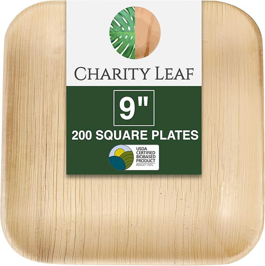 Charity Leaf Disposable Palm Leaf 9" Square Plates (200 pieces) Bamboo Like Serving Platters, Disposable Boards, Eco-Friendly Dinnerware For Weddings, Catering, Events