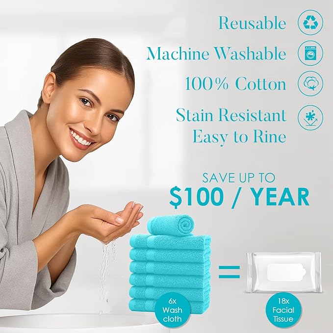 DAN RIVER 12-Pack Premium 100% Cotton Aqua Face Towels – Reusable Face Towel Set, Absorbent & Soft Wash Cloths for Bathroom & Body – Hand and Face Towels, 550 GSM (12x12 in)