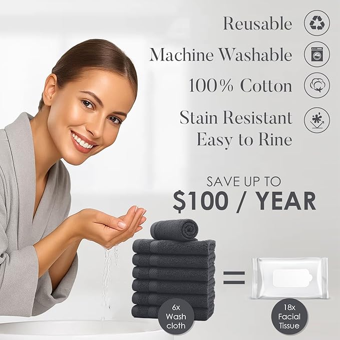 DAN RIVER 12-Pack Premium 100% Cotton Dark Gray Face Towels – Reusable Face Towel Set, Soft & Absorbent Small Wash Cloths for Bathroom & Body – Hand and Face Towels, 550 GSM (12x12 in)