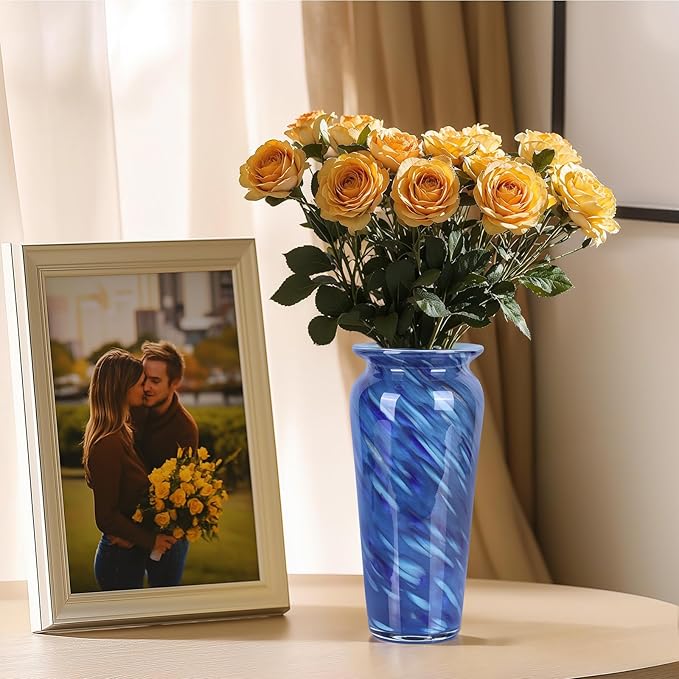 Blown Glass Blue vase, Blue Home Decor, Modern Art Wide Mouth vase for Living Room Dining Table Coffee Table entryway TV Stand nightstand Centerpiece.