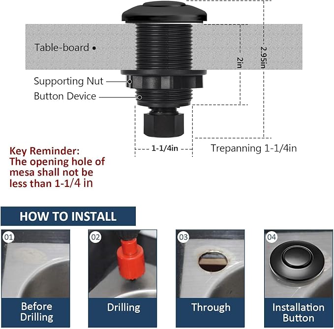 Garbage Disposal Air Switch Kit Single Outlet Sink Top Waste Disposal Short Stainless Steel Black On/Off Air Button Food and Waste Disposals Part by Etoolcity