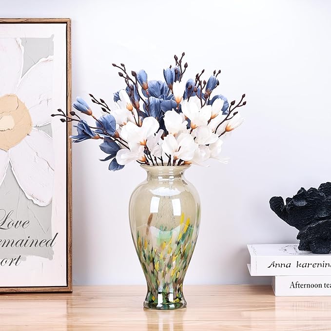 Hand Blown Glass Vase 11.8" Tall Beautiful Green Sea Wide Mouth Bud Vase for Table Centerpiece, Painted Colorful Murano Glass Flower Vases for - Home Entrance Wedding Center