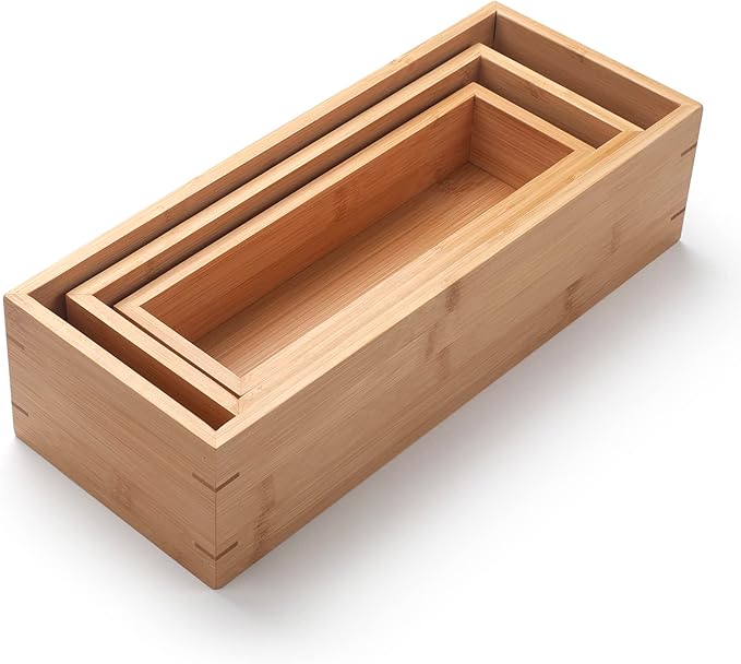 3Pcs Bamboo Bathroom Tray, Bathroom Organizer, Wooden Basket Tray for Counter Toilet Tank Top, Home Decor Wood Box for Toilet Paper Storage
