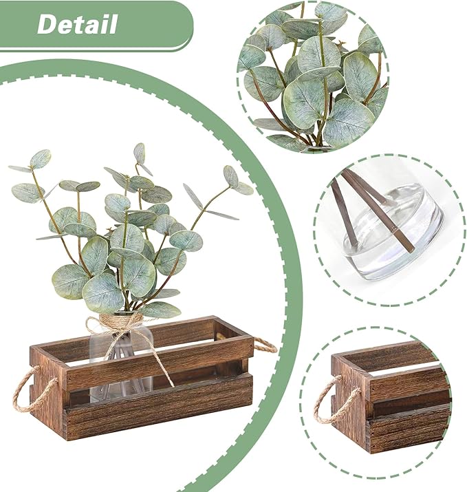 Artificial Eucalyptus Stems in Glass Vase with Faux Water,Combined with Wood Tray Centerpiece Table Decoration,13" Fake Plant with Double-Sided Leaves for Home Decor