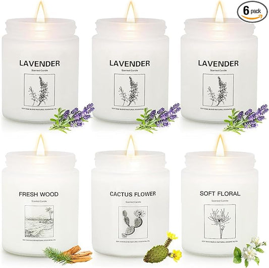 Scented Candle Gift Set, 6 Pack Lavender & Fresh Wood Soy Candles for Home, Long Lasting Aromatherapy Candles for Relaxation, Holiday & Christmas Gifts for Women