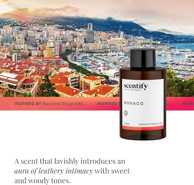 Scentify Monaco Aroma Oil Refill Scent for Oil Diffusers - Saffron, Jasmine, Amber, Cedar Scents - Luxurious Relaxing Aromatherapy Diffuser Fragrance 100ml, 3.38 oz