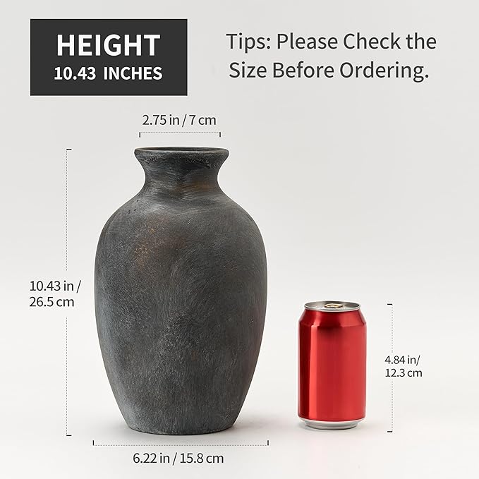 Large Ceramic Rustic Flower Vase, 10.43 Inch Tall Vintage Pottery Home Decor, Farmhouse Terracotta Vase for Living Room, Table, Shelf, Mantel Decoration, Farmhouse - Black Bronze