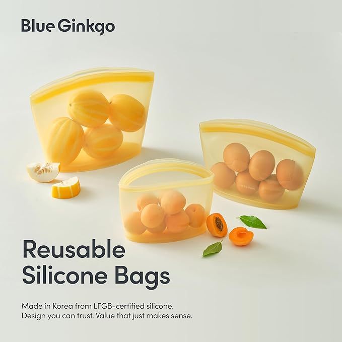 Blue Ginkgo Reusable Silicone Storage Bags – 3-Pack | Korean-Made Stand Up Food, Freezer Bags - Pumkin Yellow