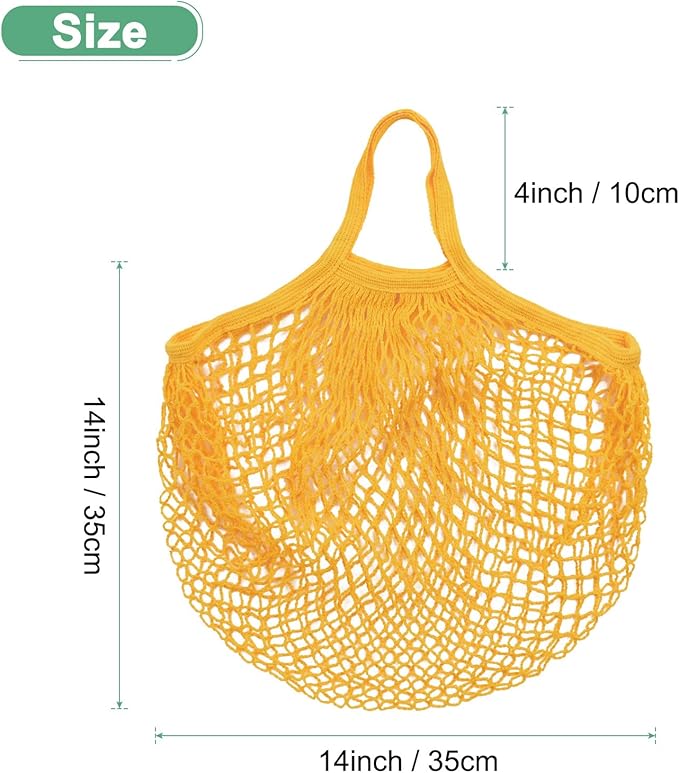 1-Pack Cotton Mesh Bag, Reusable Washable Mesh Net String Grocery Bags, Reusable Produce Bags with Handle, Net Tote Bag for Fruits/Vegetables Shopping [Yellow, Short Handle]
