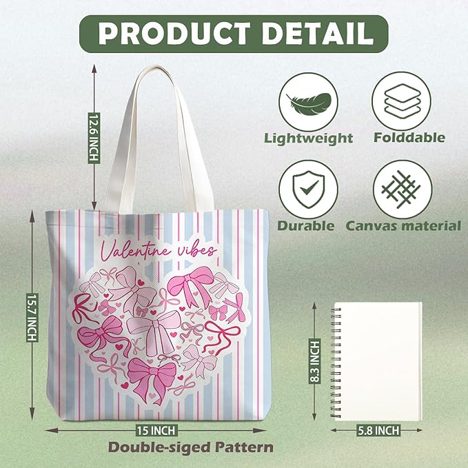 Animals-Flowers-Fruits-Bow Valentines Canvas Heart Tote Bag, Coquette Reusable Shopping Grocery Bags
