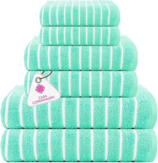 CASA COPENHAGEN Ecstatic 6 Pieces Towel Set- Aqua Blue, 600 GSM 2 Bath Towel 2 Hand Towel 2 Washcloth, Designed in Denmark Made of Soft Egyptian Cotton for Bathroom, Kitchen & Shower