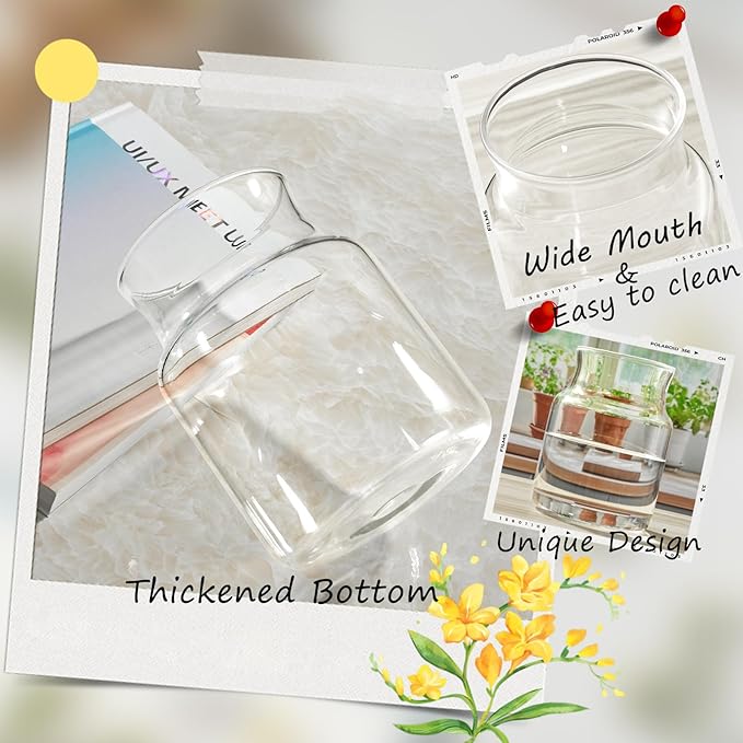 Clear Glass Vase, Large Flower Vase, 8-inch Glass Flower Vase for Plants, Wide Mouth Vase for Home, Wedding, Living Room, Dining Table
