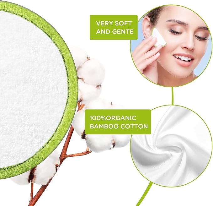 Reusable Makeup Remover Pads - 16 Packs Natural Bamboo Cotton Rounds Eco-Friendly for All Skin Types with Cotton Laundry Bag & Fashionable Metal Box，Green