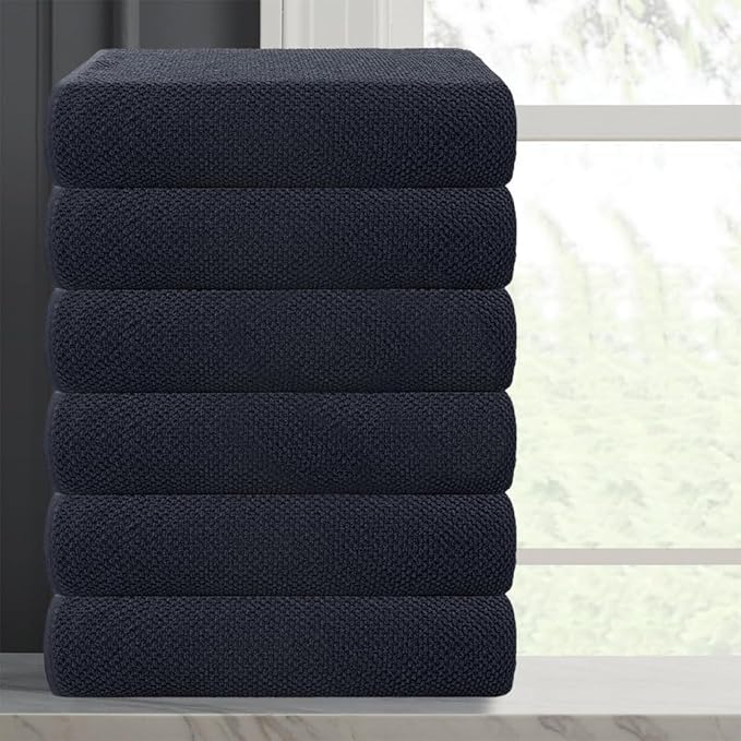 CASA COPENHAGEN Popcorn Textured 6 Pieces Small Bath Towel Set - Navy Blue, 24" x 48", 550 GSM 6 Bath Towel Rough & Tough Use Cotton Towels Gift Set for Bathroom