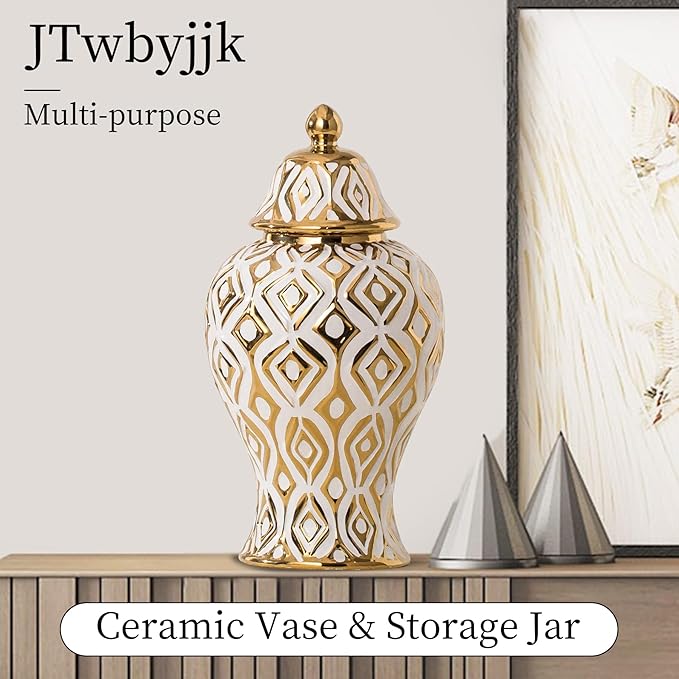 White and Gold Vase with Lid, Ginger Jars for Home Decor, Ceramic Flower Vase for Home, Kitchen, Bookshelf Decor, Storage jar, Table Center Vase, Centerpieces Jarrones(14.57in)