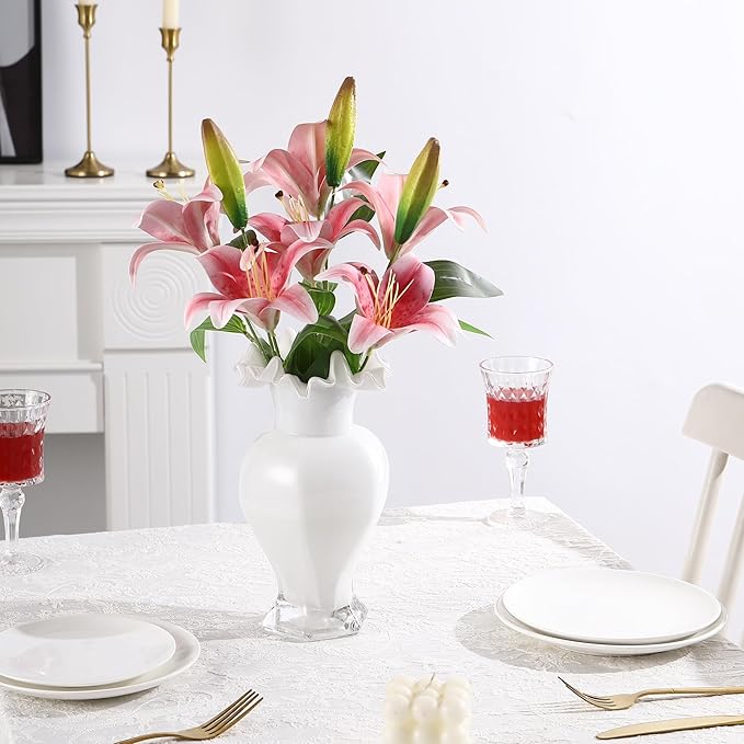 Large Glass Vase, White Glass Vase for Flowers, Flower Vases for Bouquet, Unique Vases for Living Room, Dining Table, Shelf, Wedding, Office, Coffee Table, 9.5 Inches