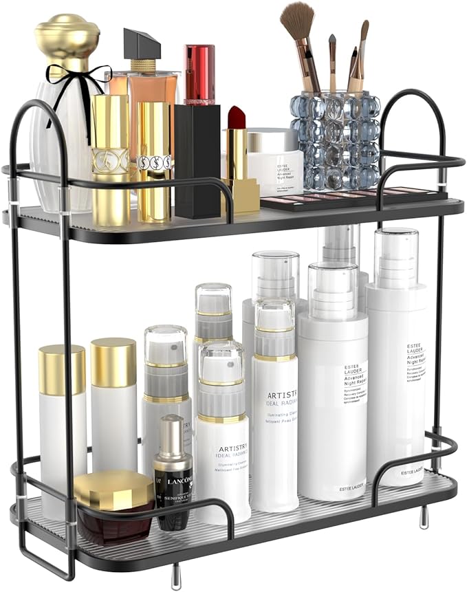 FOLLOWIN 2 Tier Bathroom Counter Organizers and Storage,Make Up Organizers for Counter,Skincare Cosmetic Vanity Perfume Organizers,Makeup Shelf,Elegant Black