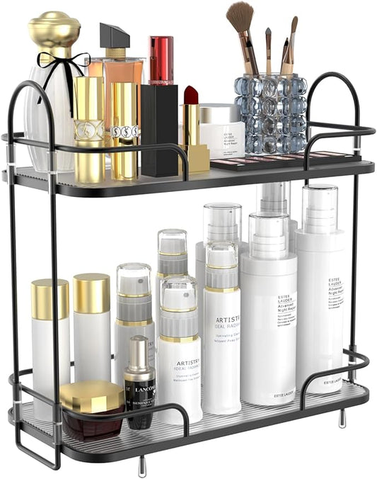 FOLLOWIN 2 Tier Bathroom Counter Organizers and Storage,Make Up Organizers for Counter,Skincare Cosmetic Vanity Perfume Organizers,Makeup Shelf,Elegant Black