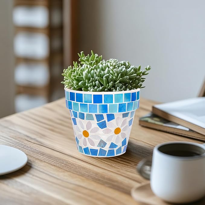 4" Mosaic Terracotta Flower Pot Small Succulent Planter with Drainage Mini Succulent Nursery Pot for Indoor Outdoor Plants Light Blue