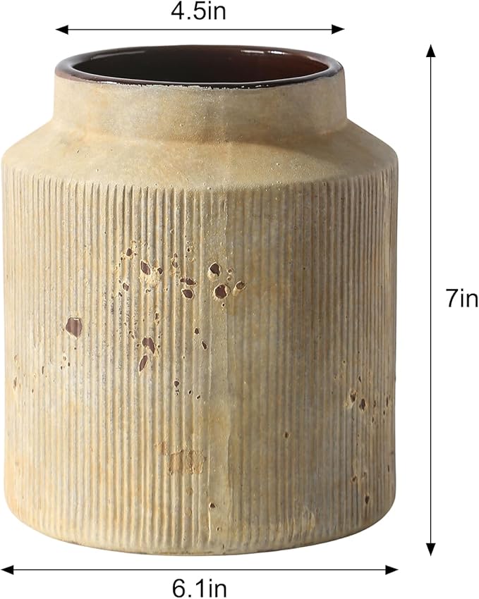 Farmhouse Vase for Home Decor, Vintage Rustic Terracotta Flower Vase Suitable for Home Decor, Living Room, Shelf, Dining Table. 7IN （Earthy Yellow） ZSHLXM