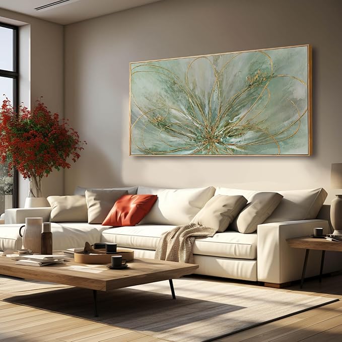 Framed Canvas Prints Gold Line Poster Abstract Wall Ar Green Pictures Wall Decor 29"x 58" Modern Artwork Large Wall Decorations for Living Room Home