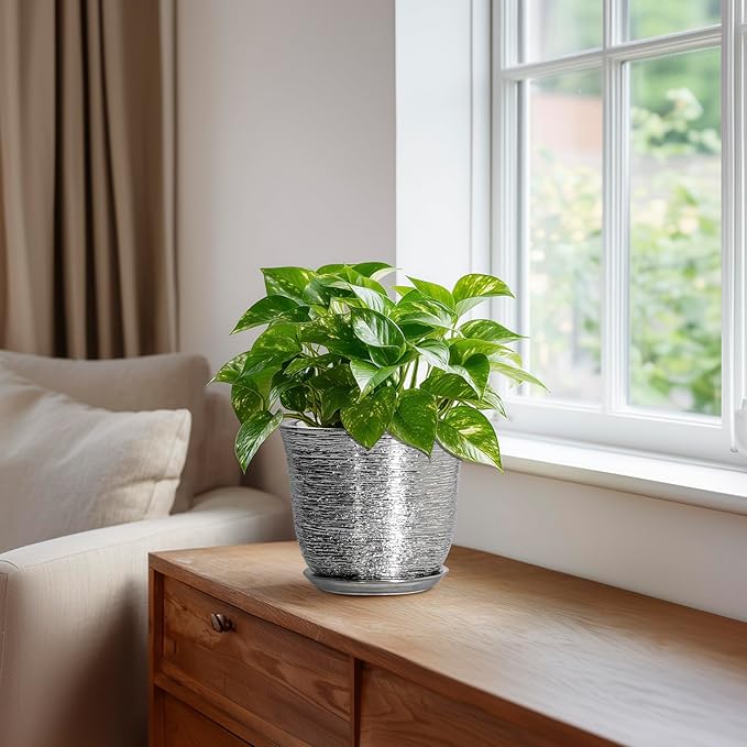 5.6 Inch Plant Pot - Ceramic Pots for Plants Indoor Outdoor, Succulent Orchid Pot with Drainage Hole and Saucer, Round Planter, Small Flower Pots, Room Decor, Gifts for Plant Lovers, Silver