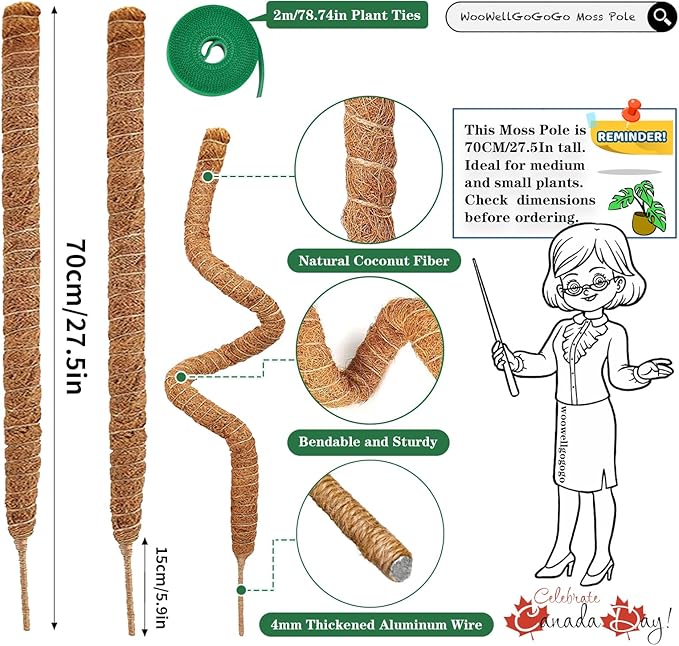 Bendable Moss Pole, 2-Pack 27.5-Inch Coco Coir Moss Poles for Monstera, Pothos, Climbing Plants, Indoor Plant Support, Customizable Shapes Monstera Plant Support