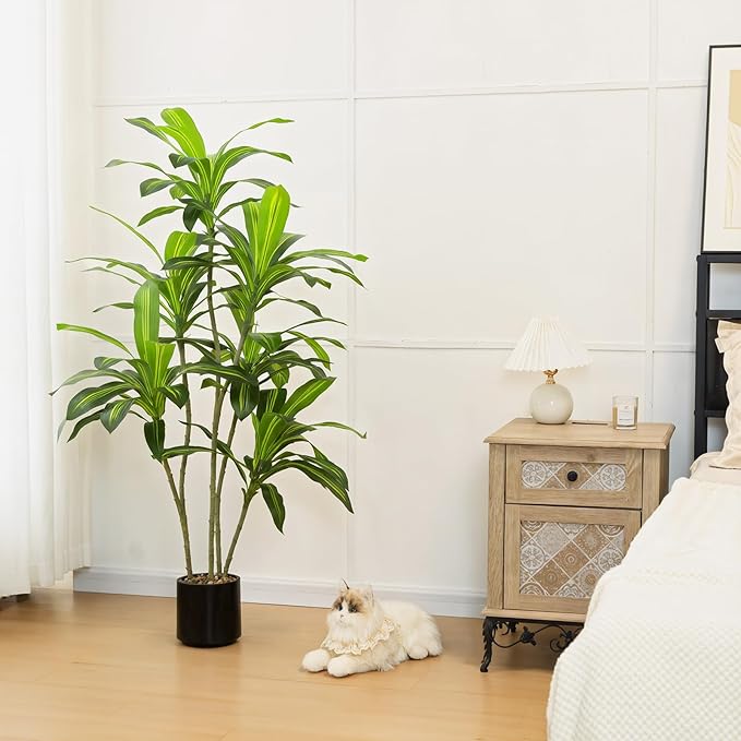 5FT Artificial Dracaena Tree, Faux Dracaena Plant with Stones in Black Round Planter, Tall Fake Floor Plant for Indoor Home Office Living Room Decor