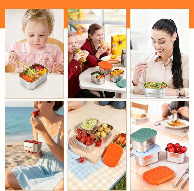 3 Pcs 8oz Stainless Steel Kids Lunch Box, Small Snack Containers with Lids, Reusable Leak Proof Lunchbox, Salad Dressing Container to Go, Mini Bento Box for Daycare School